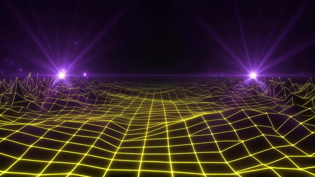 Griglia Dinamica Retro-Futuristica con Linee Giallo Neon e Bagliori Viola
