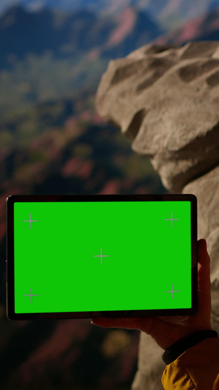 Mano che tiene un tablet con schermo verde all'aperto in montagna