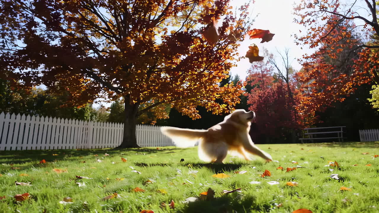 Golden Retriever Playing in Autumn Leaves