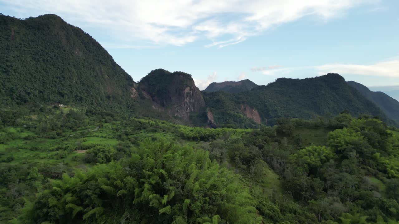 Aerial view of the lush mountains in the Western Andes near Venecia in the Antioquia region of Colombia