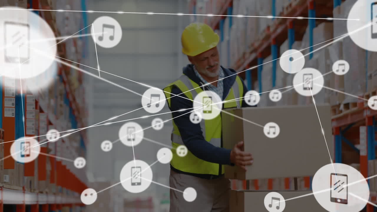 animación de puntos conectados sobre un trabajador caucásico que sufre de dolor de espalda mientras recoge la caja.