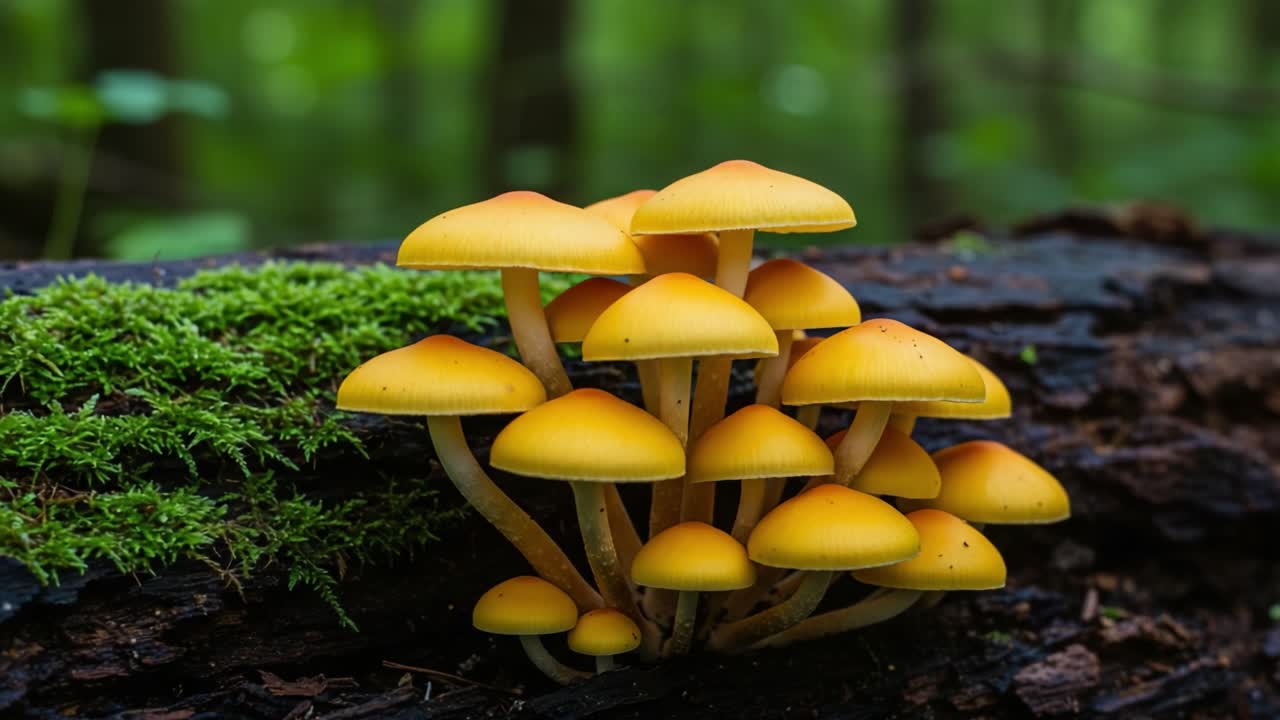 A Vibrant Cluster of Bright Yellow Mushrooms Thriving on a Fallen Log Surrounded by Lush Green Moss in a Tranquil Forest Environment