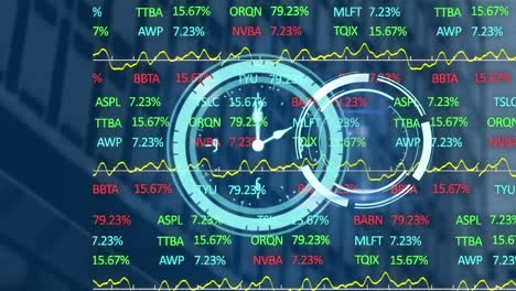 animation of scope scanning and clocks over cityscape