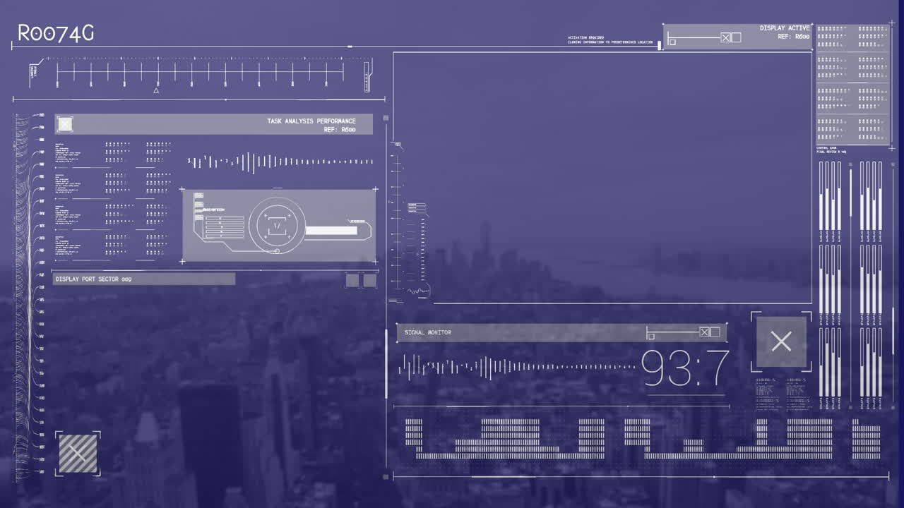 Animation of data and graphs processing on navy digital screen over cityscape