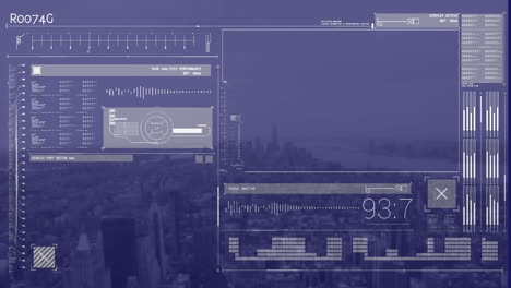 animación de datos y gráficos de procesamiento en la pantalla digital de la marina sobre el paisaje urbano