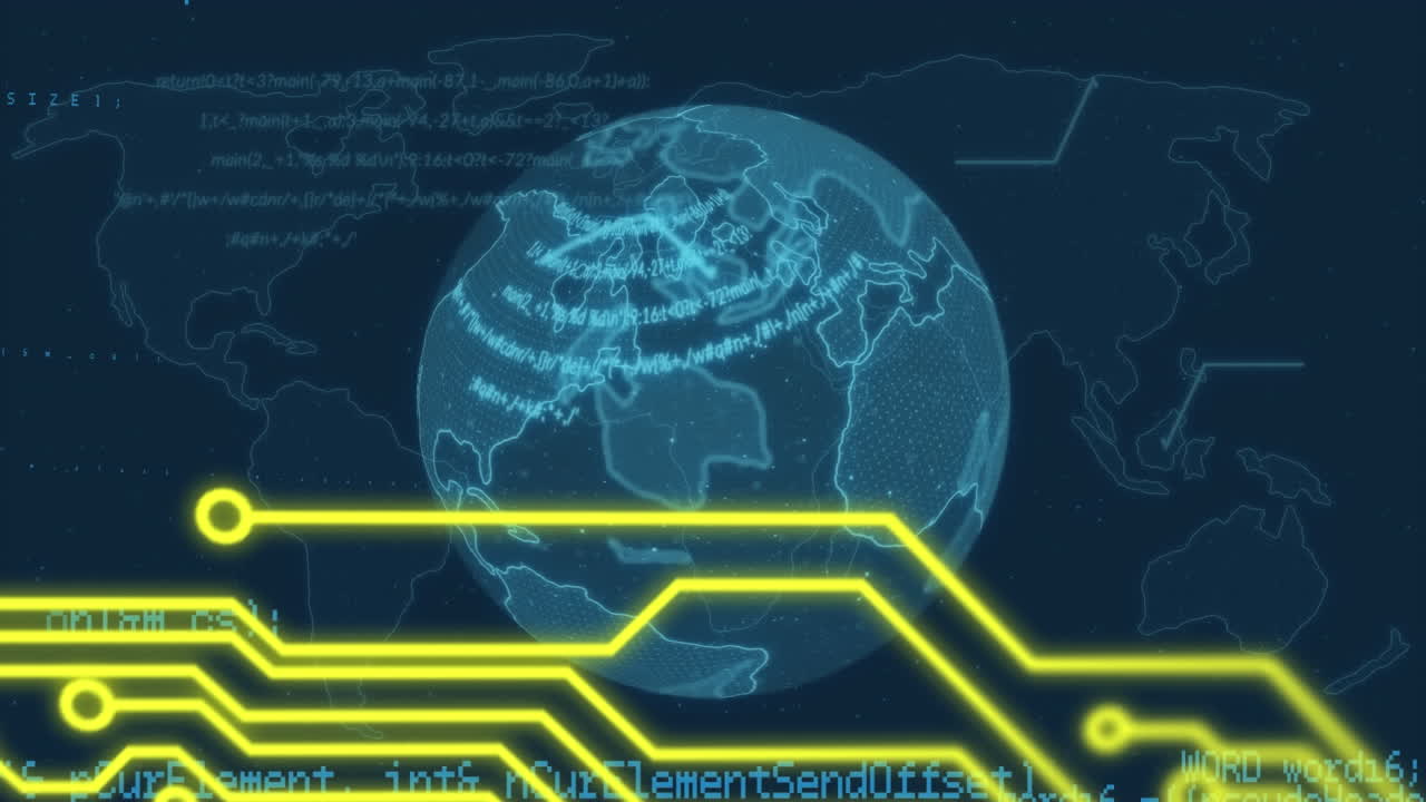 Microprocessor connections over spinning globe and data processing on blue background