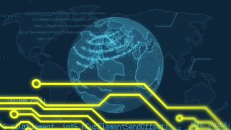 microprocessor connections over spinning globe and data processing on blue background