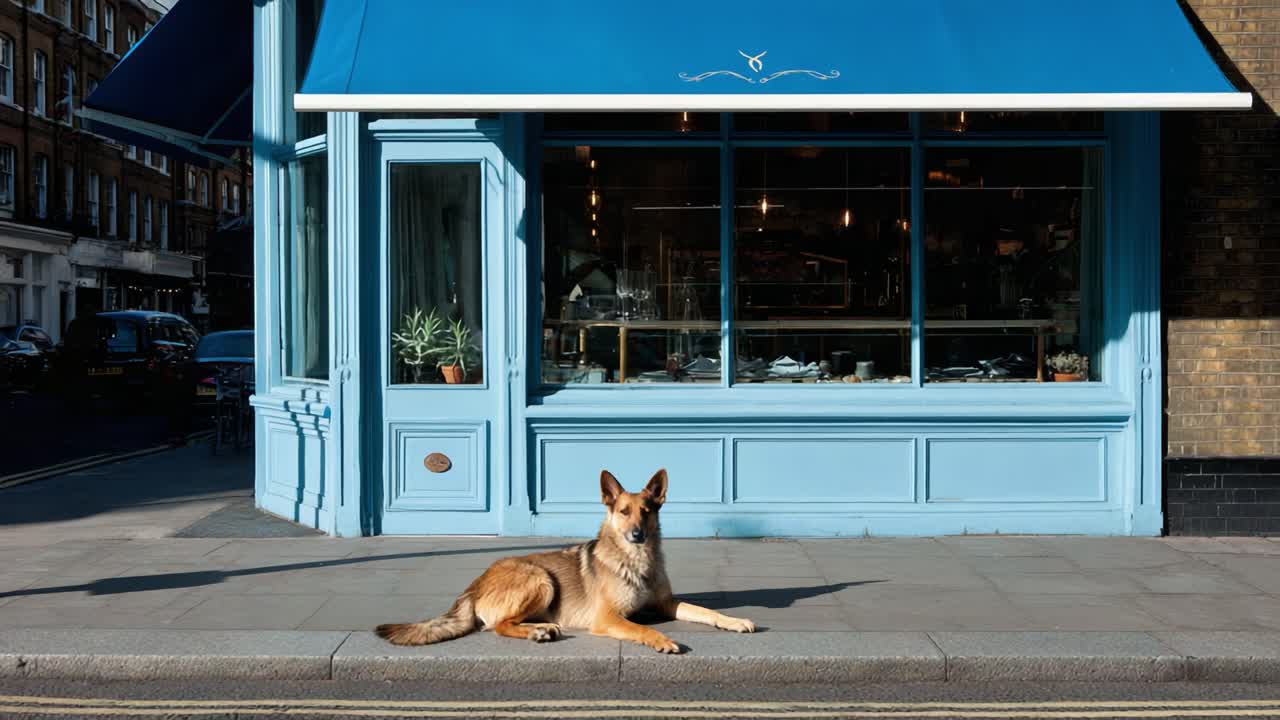 Un fedele cane da guardia si rilassa davanti all'affascinante facciata blu di un negozio in una luminosa giornata di sole, catturando un sereno momento di tranquillità e compagnia