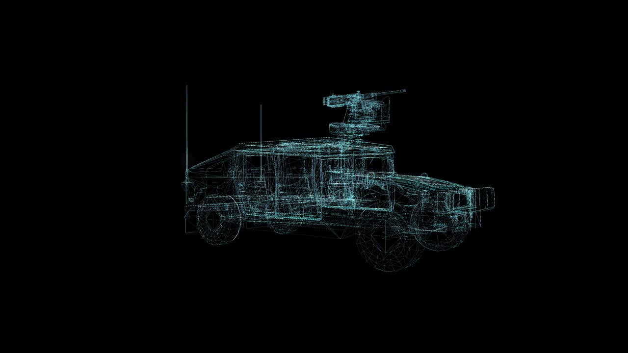 군용 장갑 차량 홀로그램 와이어 프레임 흑색 배경에 멋진 3d 애니메이션과 미래 프로젝트에 대한 완벽한 루프