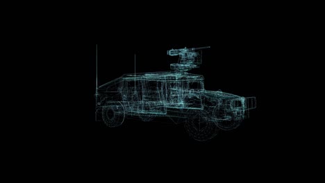 holograma de vehículo blindado militar. buena animación 3d en un fondo negro con un bucle sin costuras para proyectos futurísticos