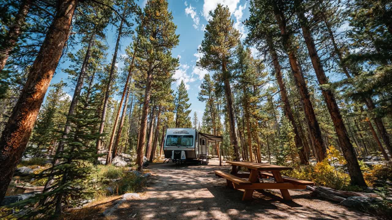 Un'esperienza di campeggio serena: godersi la natura da un comodo camper, circondati da alberi imponenti e panorami suggestivi in un tranquillo scenario boschivo.