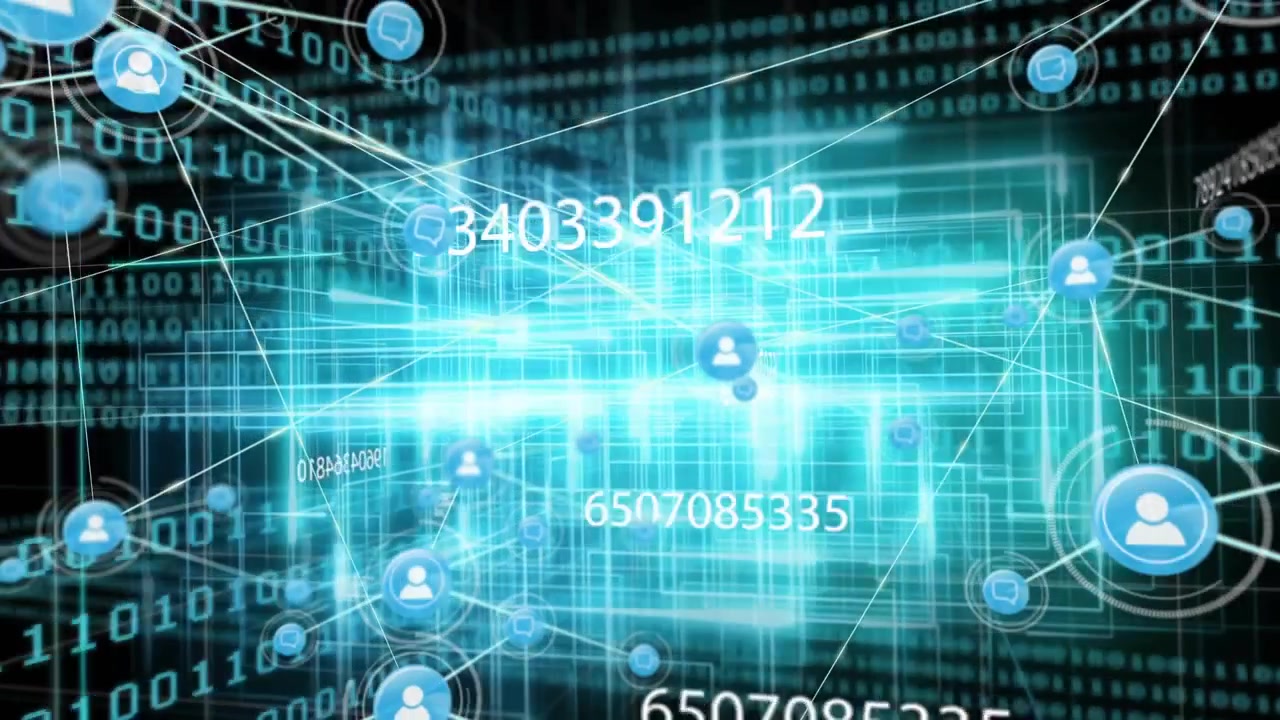 Linee di griglia luminose che si aprono, blocco centrale che pulsa spostando gli ID, icone che si espandono per mappare la rete di dati.