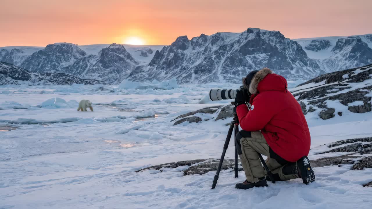 Valokuvaaja ikuistaa jääkarhun lumisessa arktisessa maisemassa auringonlaskun aikaan