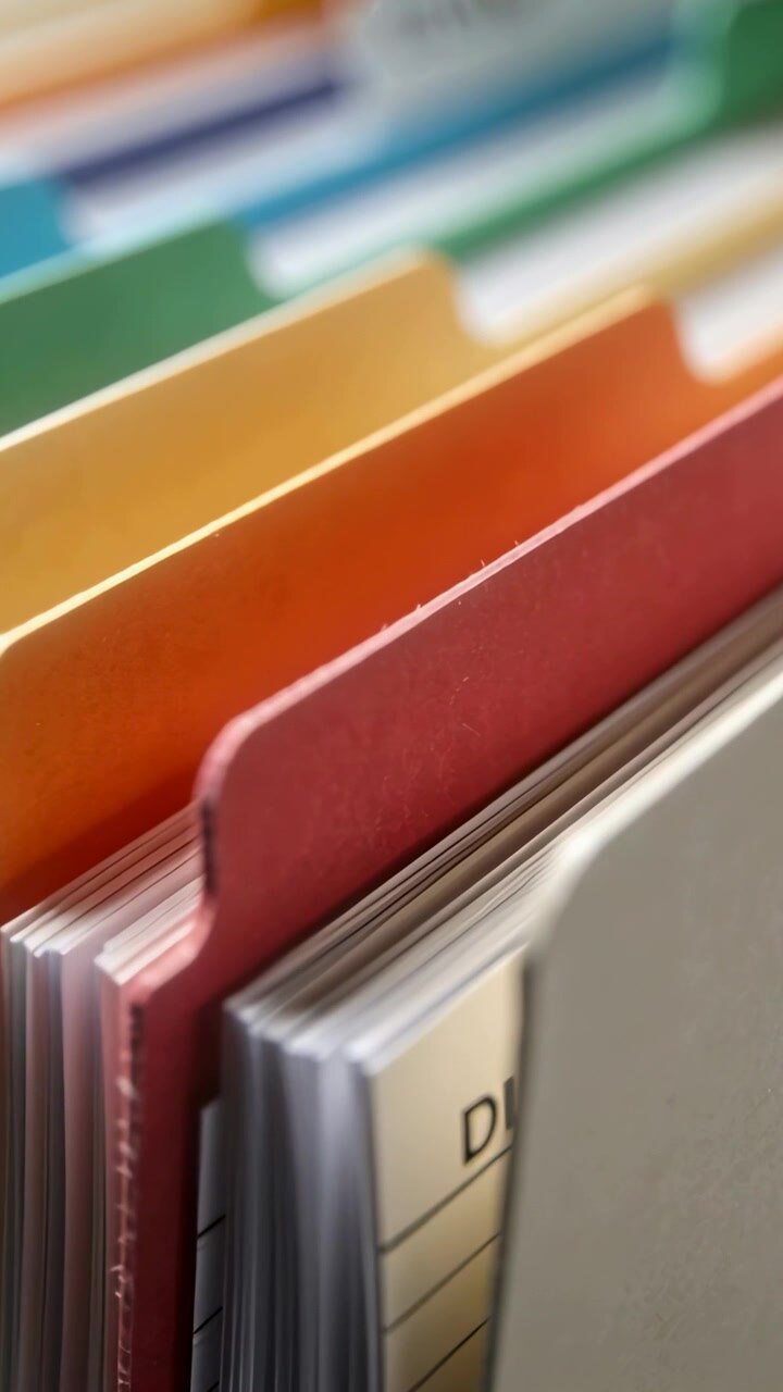 Vertical video: Shifting camera focus showing red orange tabs in office drawer, revealing DU label