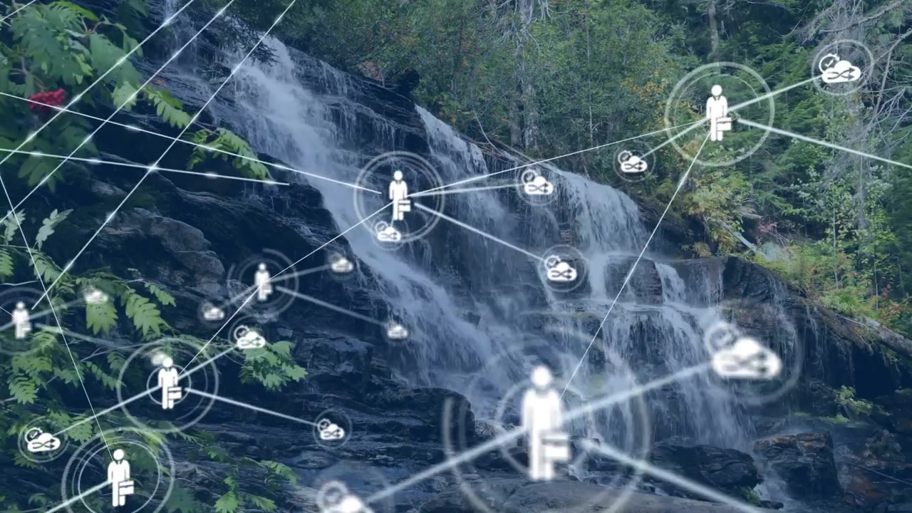 Waterfall opening, glowing figure icon fading in, lines linking cloud nodes forming network overlay