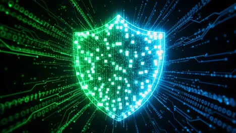 a futuristic shield emblem representing cybersecurity with dynamic data streams and binary code, symbolizing protection against digital threats and malware risks