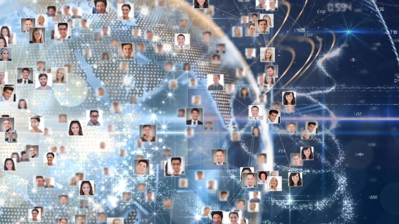Animation of rotating images of people over globe, numbers, lens flare against abstract background
