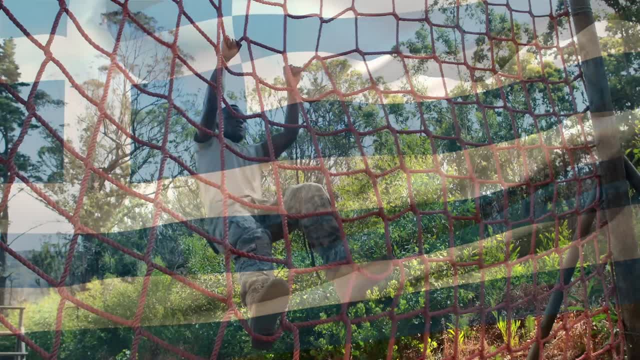 장애물 경주 훈련 중 아프리카계 미국인 남성 위에 그리스  ⁇ 발의 애니메이션