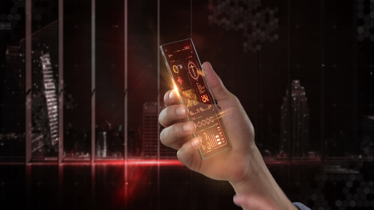 teléfono móvil futurista en la mano contra un fondo generado digitalmente