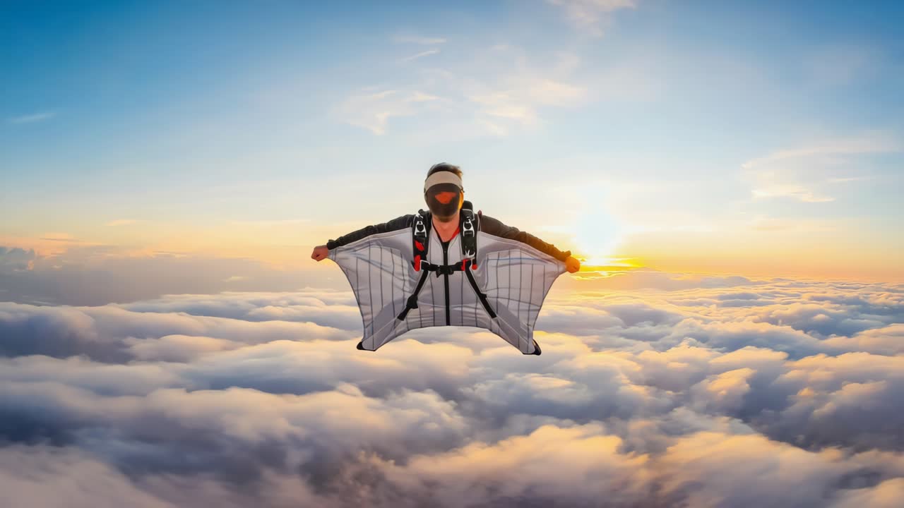 Wingsuit Flying Above the Clouds at Sunset