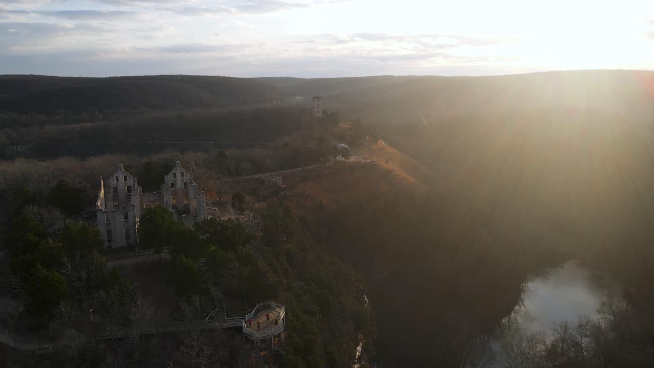 Sunrise Morning Sun Rays over Castle Ruins Landscape in Missouri, Aerial