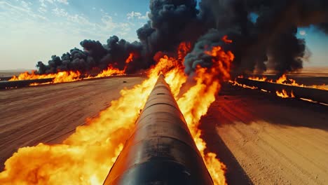 a large pipe on fire in the middle of a desert