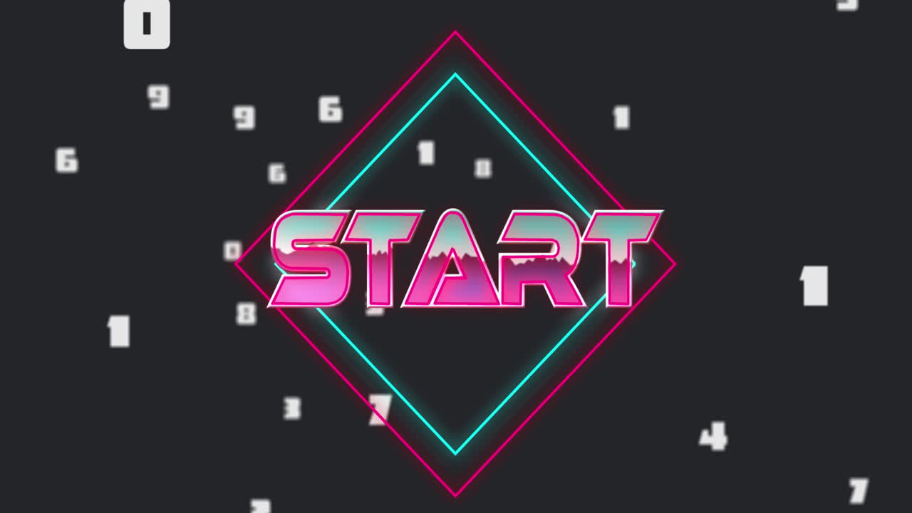 Animation of start text and shapes over numbers on black background