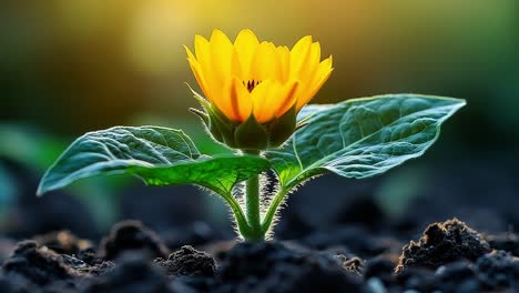 sunflower blooming in soft morning light. a vibrant sunflower is blooming amidst dark soil, illuminated by gentle morning sunlight, showcasing nature's beauty.