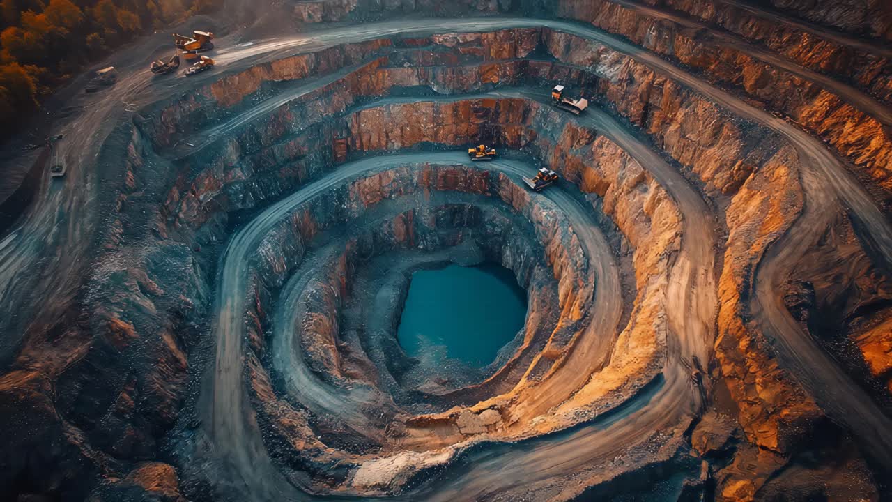 Aerial view of an active open-pit mine with heavy machinery