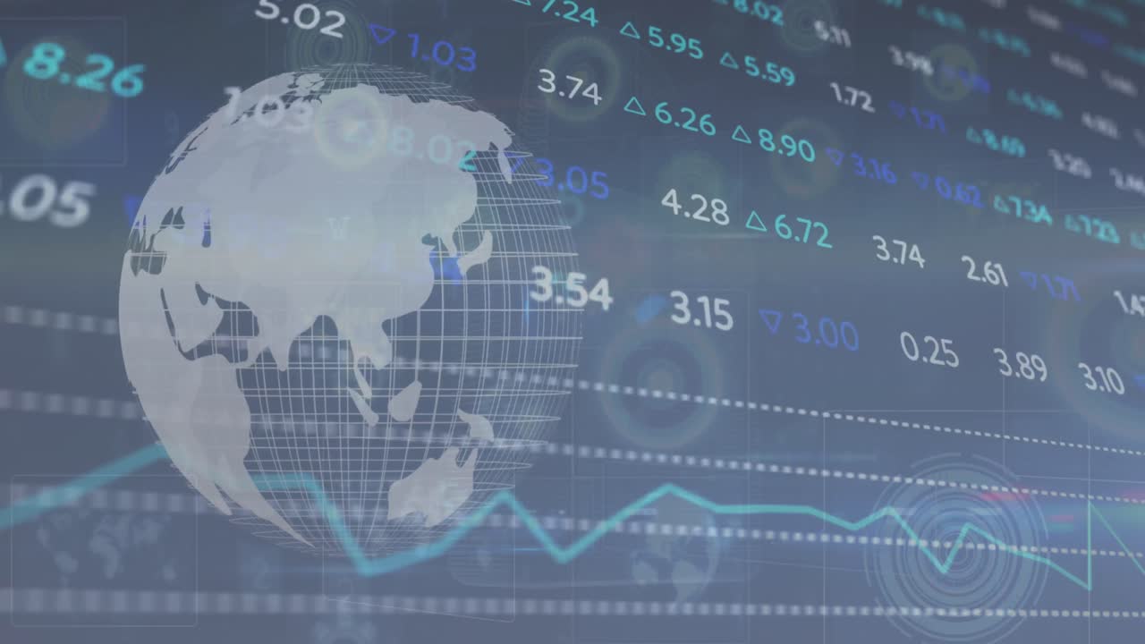 Animation of trading board over globe against radars, texts, letters, symbols and numbers