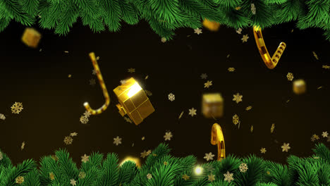 animación de caramelos de navidad, estrellas doradas y nieve con ramas de abeto en fondo negro