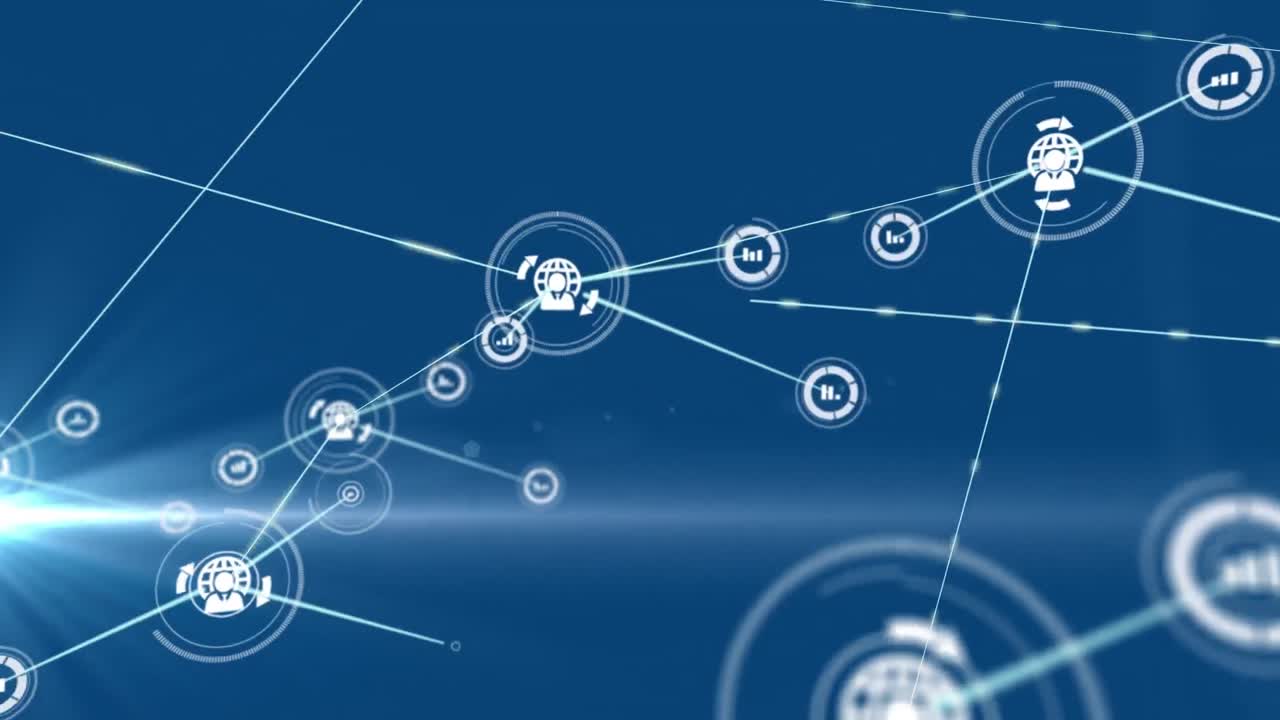 파란색 배경의 빛 트레일 위의 아이콘으로 연결 네트워크의 애니메이션