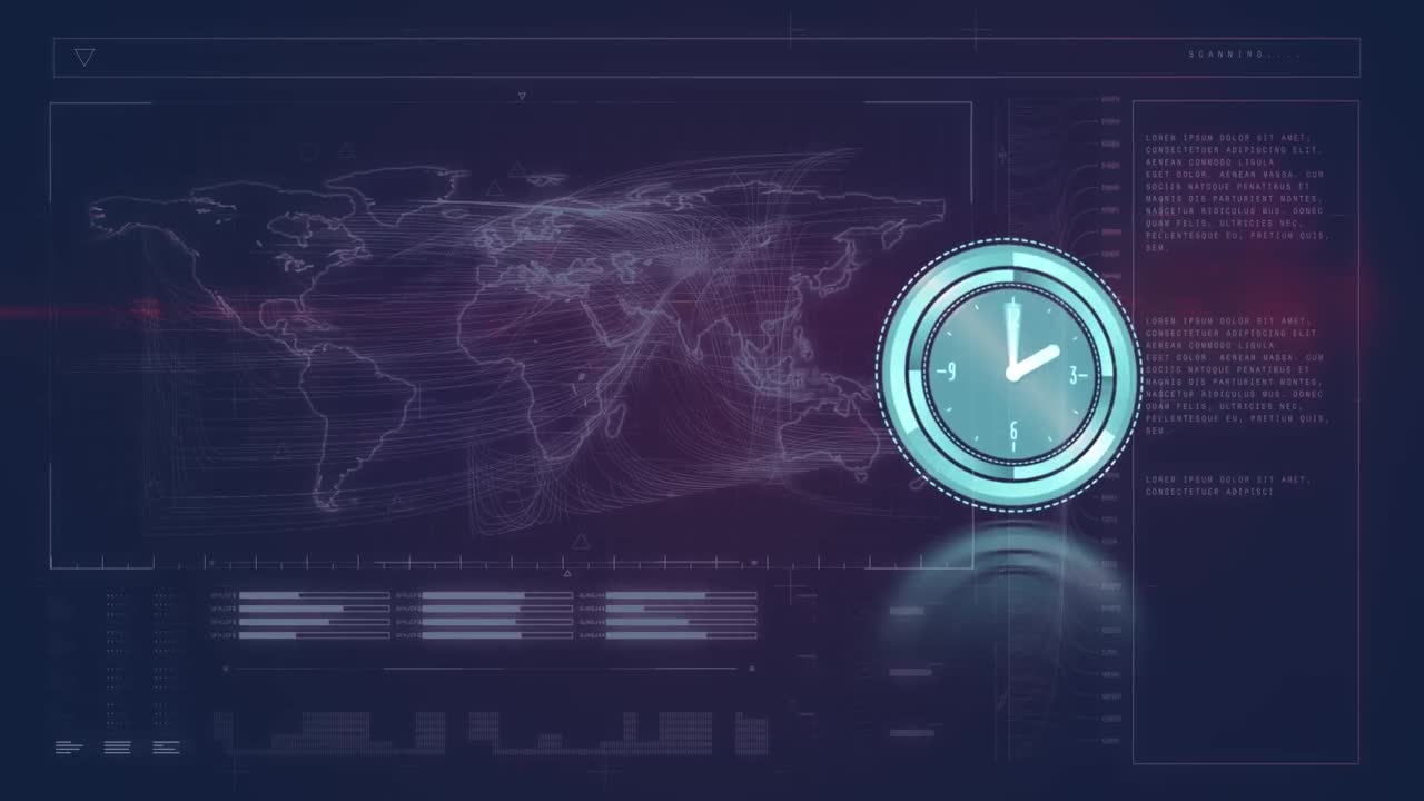 Animation of clock data processing and map on navy background