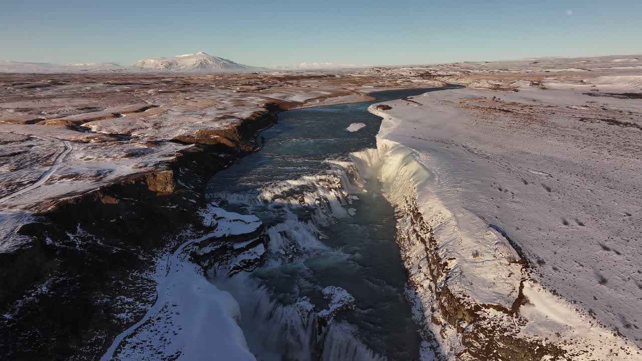Aerial - Gullfoss waterfall and snowy canyon in South Iceland