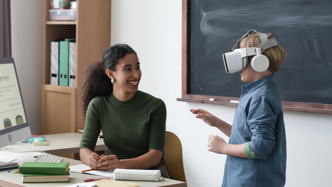 Teacher Assisting Student with VR Headset in Classroom