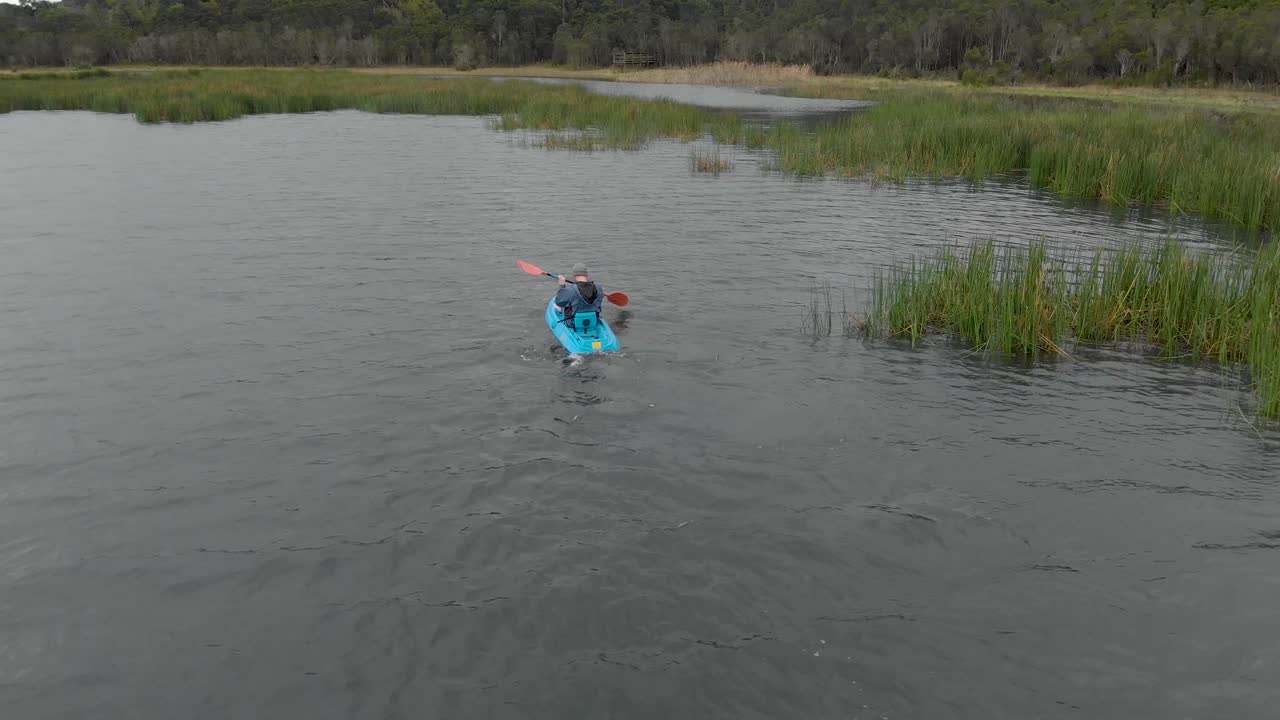 órbita aérea disparó alrededor de un hombre remando en un kayak azul en un lago frío con cañas de pantano