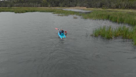 aerial orbit shot around a man paddling on a blue kayak out on a cold lake with swamp reeds