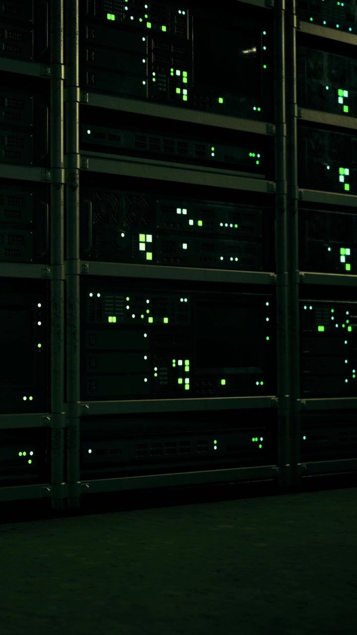 Servers in a data center glowing with green lights at night