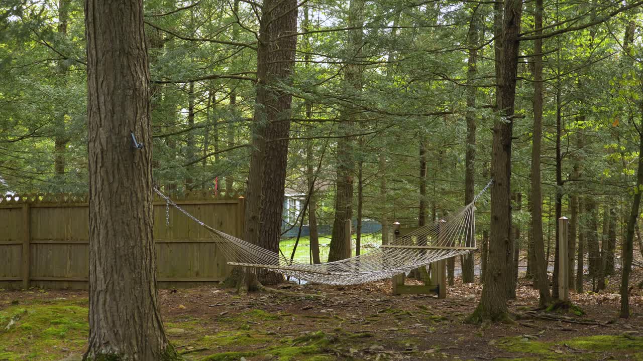 revelación de una hamaca de cuerda vacía suspendida de los árboles del bosque en un jardín de musgo cercado y cercado