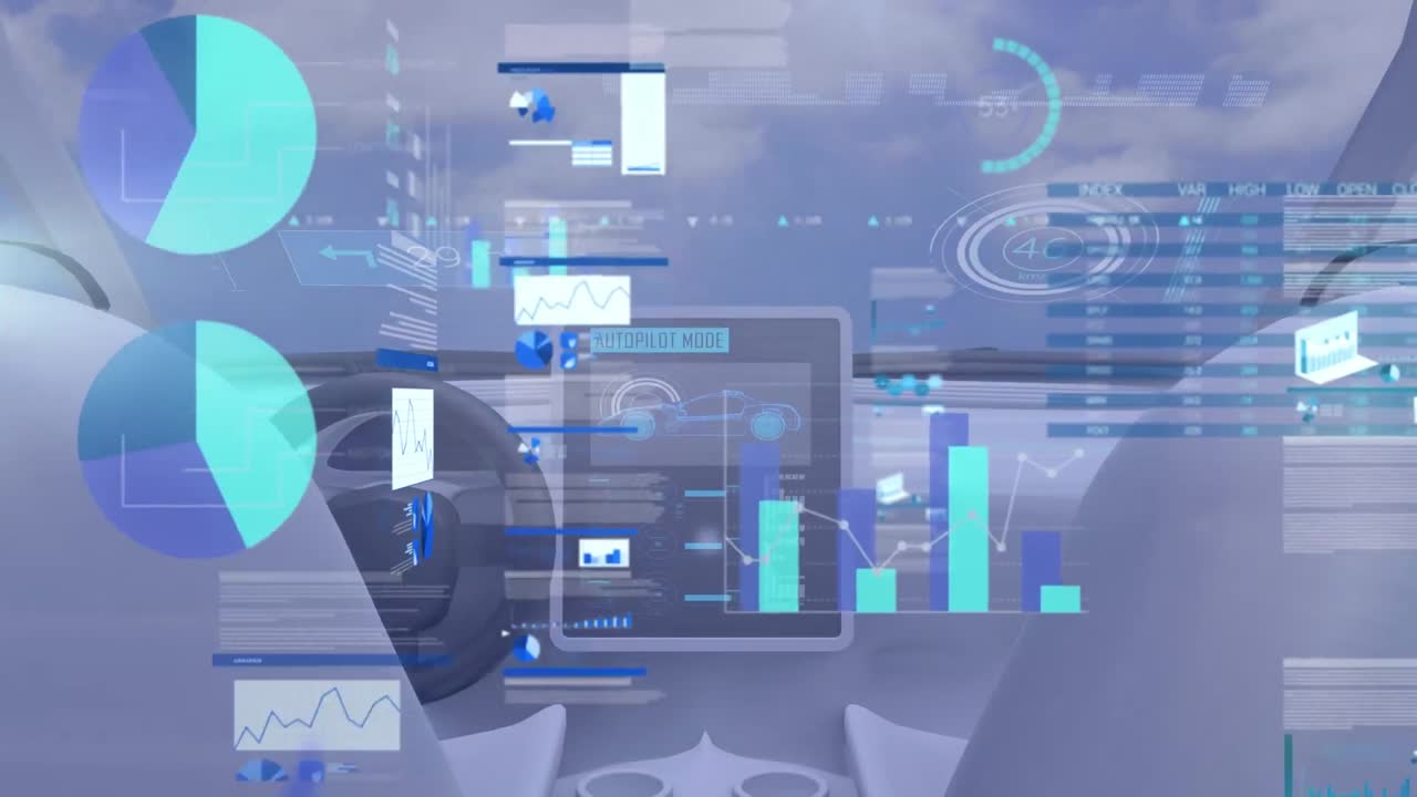 Animasjon av statistisk databehandling over et bilinteriør som flyr på himmelen