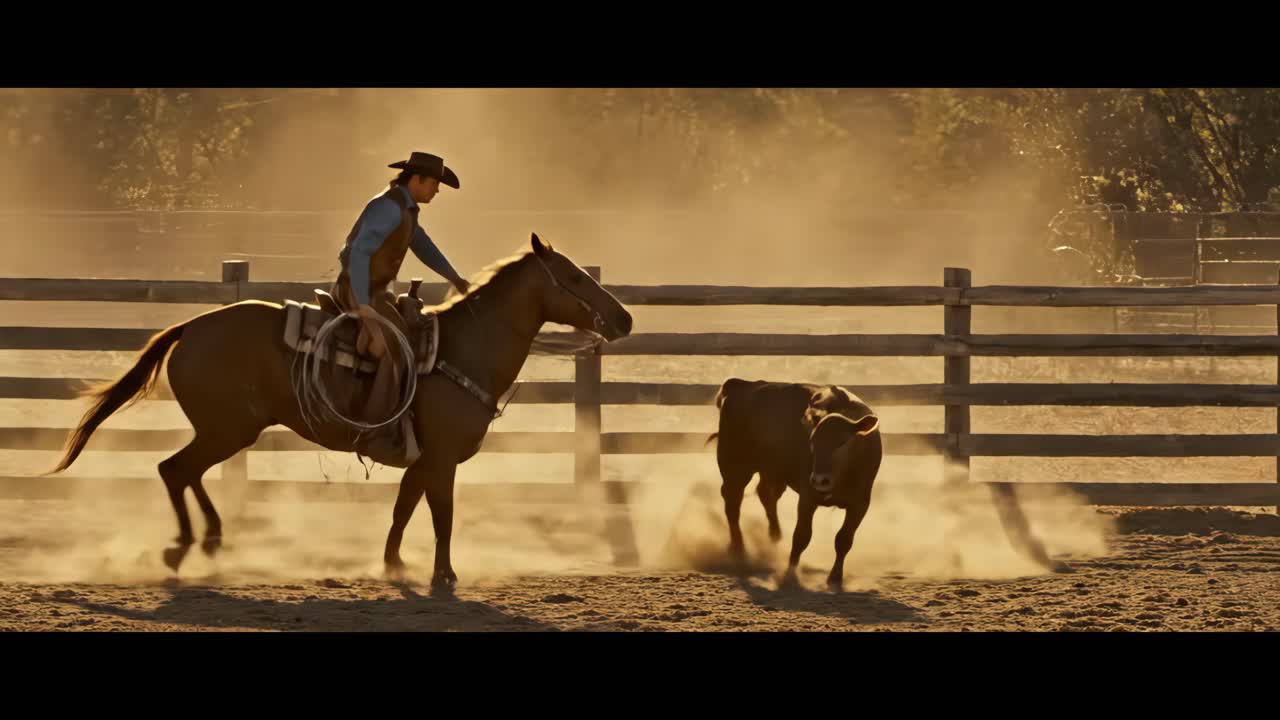 Cowboy roping cattle on horseback