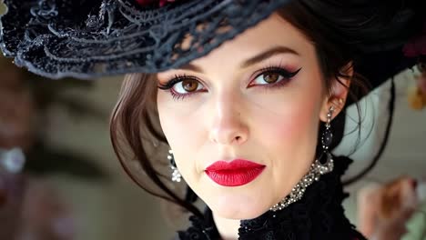 a woman wearing a black hat with red roses on it