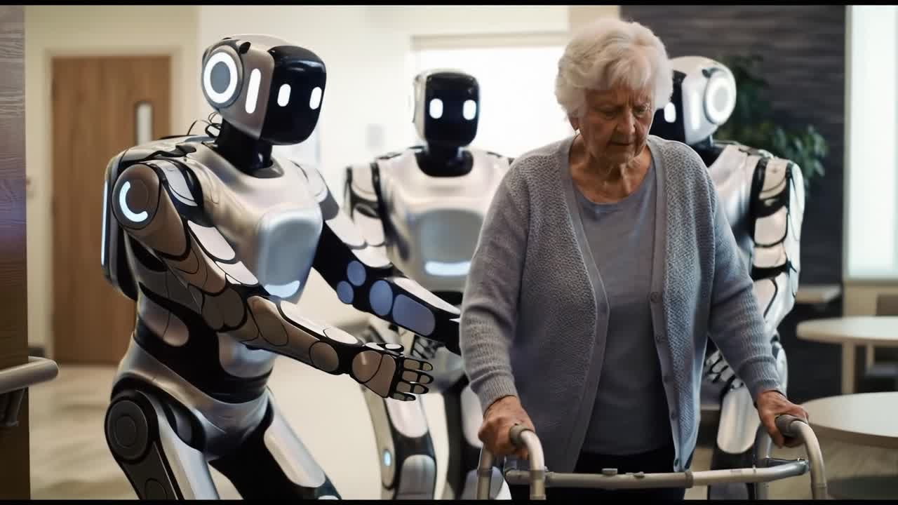 Two robotic assistants help an elderly woman as she uses a walker in a retirement home. The interaction highlights advancements in caregiving technology for seniors.