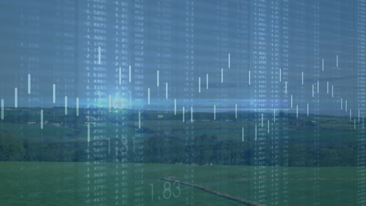 Rural countryside panorama being overlaid with translucent candlestick charts and lit data streaks