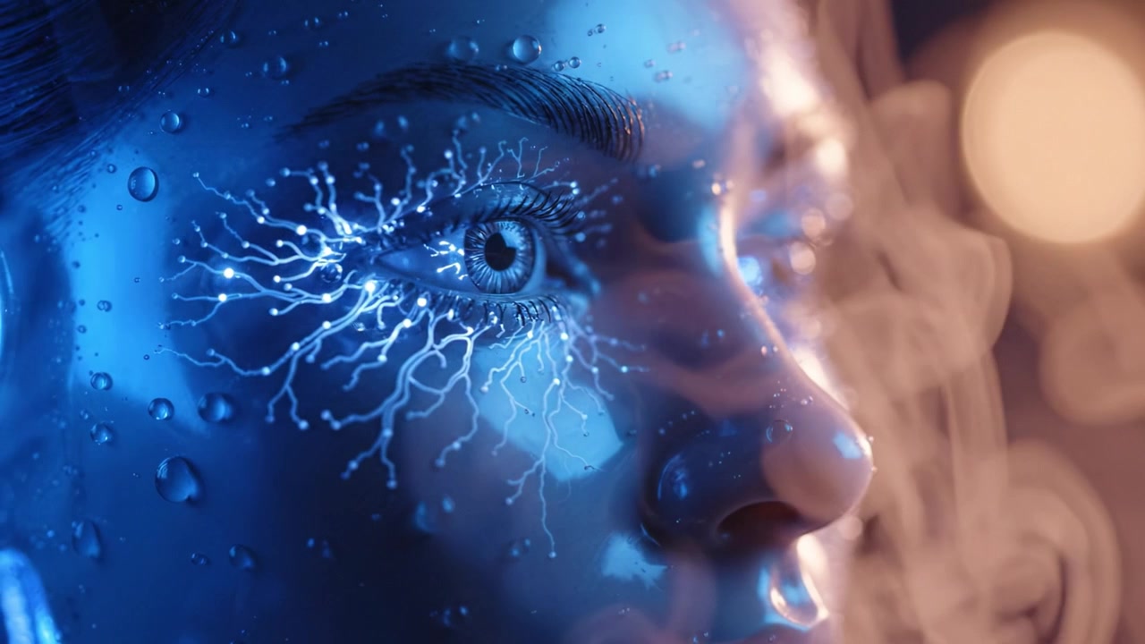 A surreal depiction of a futuristic figure with intricate lightning patterns around her eye, set in a mesmerizing blue environment enriched by droplets and glowing elements.