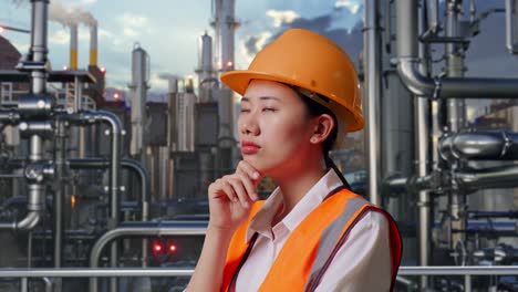 close up side view of asian female engineer with safety helmet thinking about something and looking around while standing in a refinery, oil processing equipment and machinery
