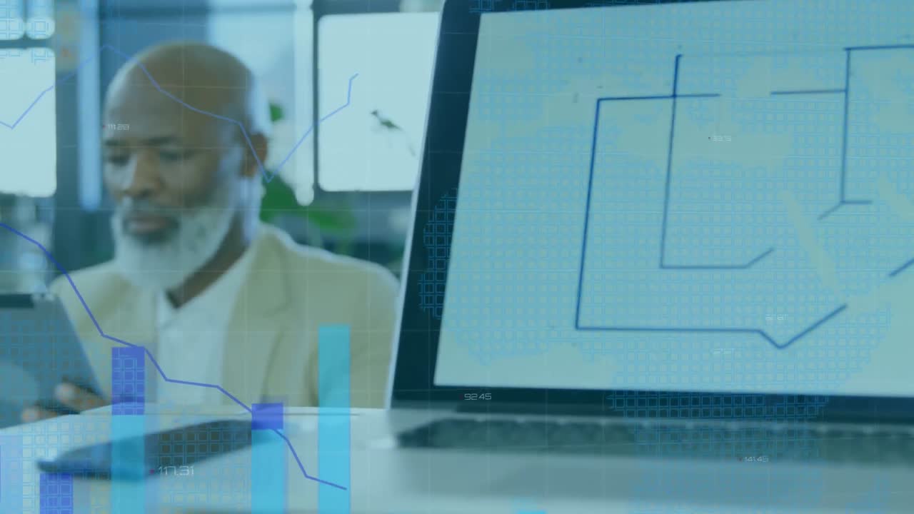 Animation of bar graphs over african american senior businessman using digital tablet at office