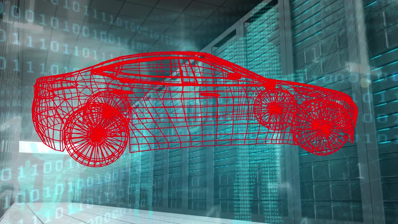 녹색 공간에서 데이터 처리와 서버를 회전하는 자동차 프로젝트의 애니메이션