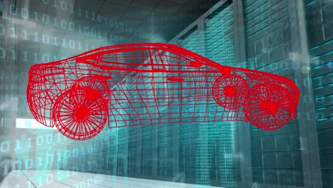 animation of car project rotating over data processing and servers in green space