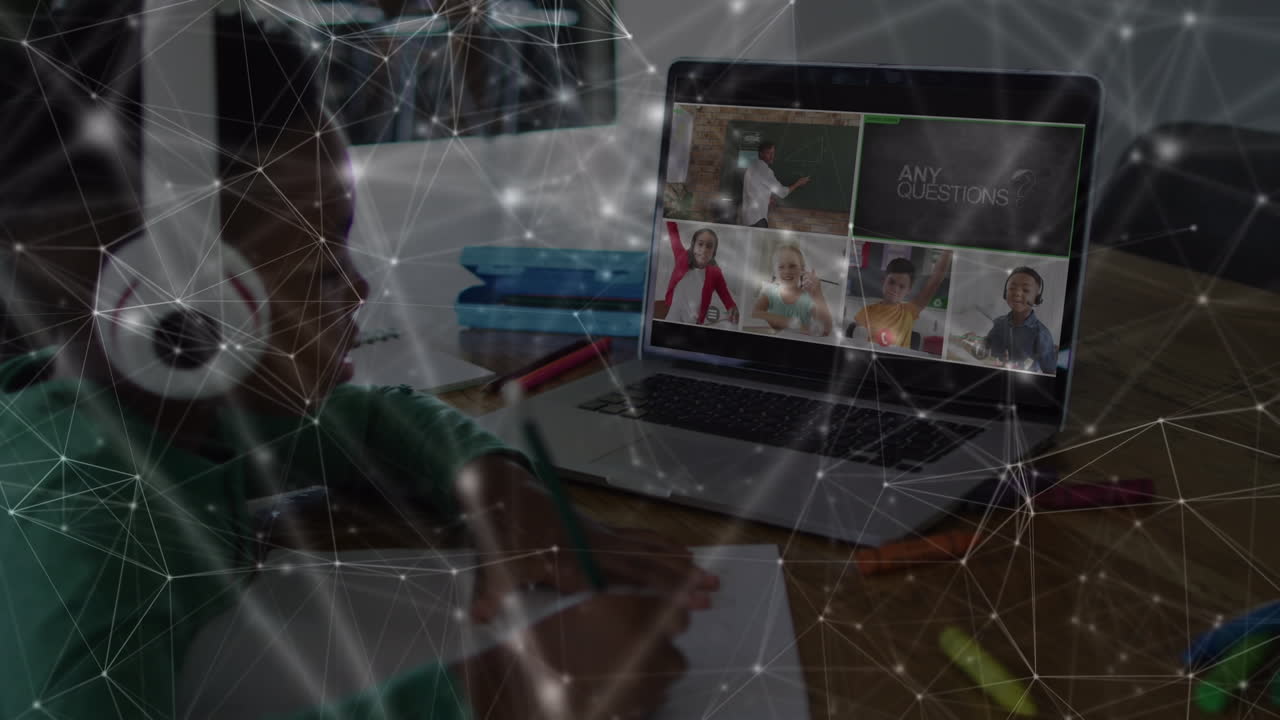 animación de conexiones sobre un niño afroamericano teniendo lecciones en línea en una computadora portátil
